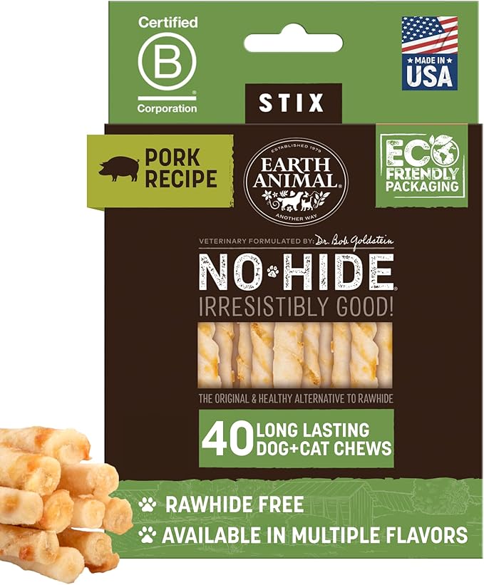 Earth Animal No Hide Stix - Long Lasting Rawhide Free Small Dog Chews Sticks, Pork - 40 Count Extra Value Pack