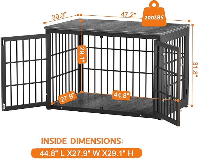 rehomerance 48 Inch Heavy Duty Dog Crate Furniture for Large Dogs, Decorative Pet House End Table, Extra Large Wooden Cage Kennel Furniture Indoor, Black and Gray
