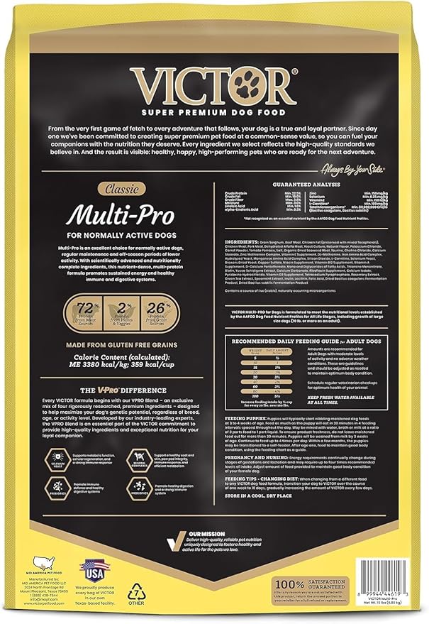 Victor Super Premium Multi-Pro Dry Dog Food Gluten Free with Beef, Chicken and Pork Protein for Normally Active Dogs All Breeds and Life Stages, 15 lb