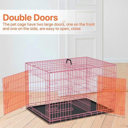 Dog Crate for Large Medium Small Dogs, Folding Dog Kennel Cage with Plastic Tray & Divider 48"/42"/ 36"/ 30"/ 24" Indoor Outdoor Metal Double Door Heavy Duty Dog Pen Enclosure, Pink(48 Inch)