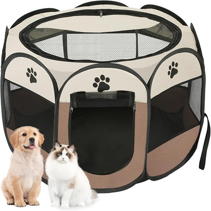 Dog playpen, Foldable Puppy Playpen, Pet Playpen Carrier Pop Up Tent 8-Panel Mesh Cover Adorable Design 600D Soft Oxford Playpen Kennel for Indoor-Outdoor Dog Cat Rabbit. (M 35" 35" 24", Brown)