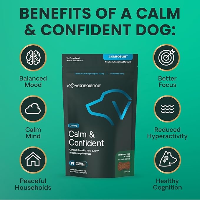 VetriScience Clinically Tested Composure Calm & Confident Chews - Supplement for Dogs with Anxiety, Stress & Fear with L-Theanine for Thunderstorms, Fireworks or Travel, Peanut Butter, 60 Count
