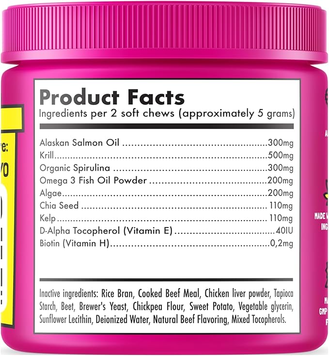 Omega 3 Alaskan Salmon Oil Treats for Dogs 120 Fish Oil Chew Supplement Skin and Coat Allergy and Itch Relief Hip & Joint Health Brain Shedding Hot Spots Treatment Omega 3 6 9 EPA & DHA Fatty Acids