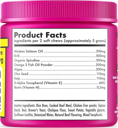 Omega 3 Alaskan Salmon Oil Treats for Dogs 120 Fish Oil Chew Supplement Skin and Coat Allergy and Itch Relief Hip & Joint Health Brain Shedding Hot Spots Treatment Omega 3 6 9 EPA & DHA Fatty Acids