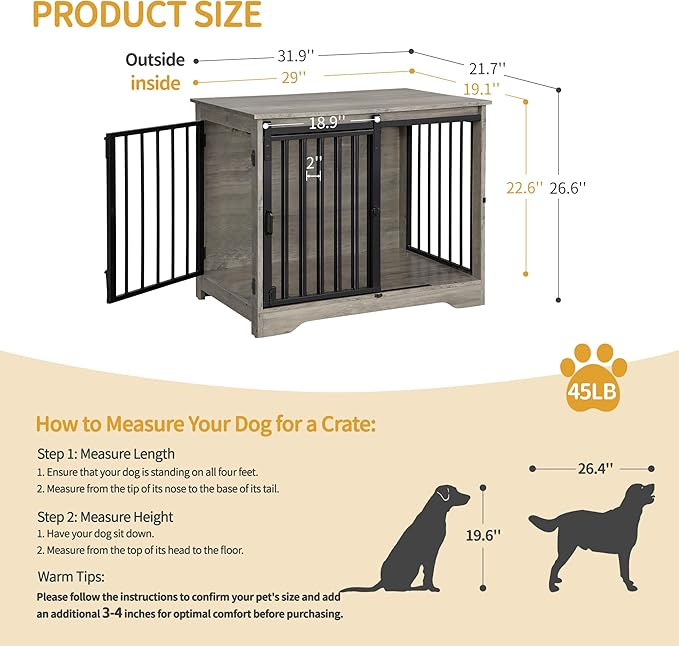 Hzuaneri 31.9" Dog Crate Furniture with Barn Door, Heavy Duty Dog Kennel Indoor with 2 Doors, Wooden Pet Cage End Table for Small Medium Dogs up to 44 lb, Anti-Chew Anti-Escape, Greige DFC83605B
