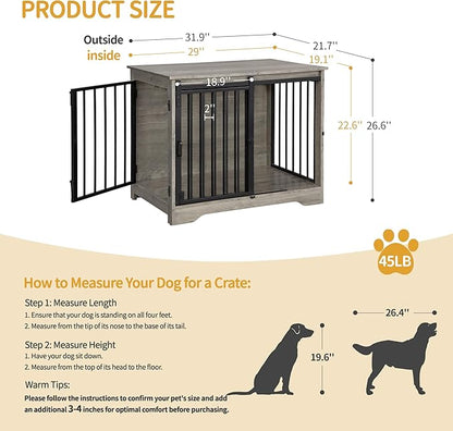 Hzuaneri 31.9" Dog Crate Furniture with Barn Door, Heavy Duty Dog Kennel Indoor with 2 Doors, Wooden Pet Cage End Table for Small Medium Dogs up to 44 lb, Anti-Chew Anti-Escape, Greige DFC83605B