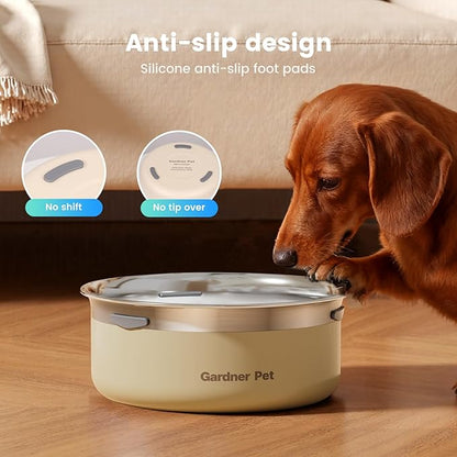 Gardner Pet Slow Water Bowl for Dogs, 2L/68oz Spill-Proof Pet Water Bowl with Floating Disk, Stainless Steel No-Spill Water Dispenser for Medium Pets