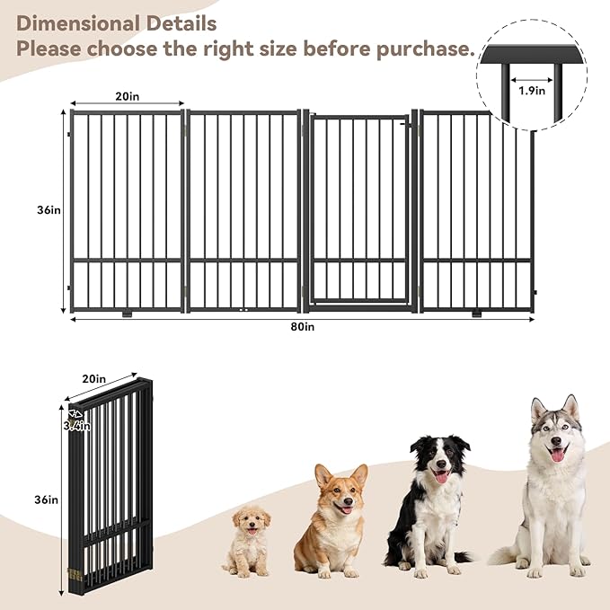 SNUOWU Full Metal Freestanding Dog Gate with Door, 36''Height Foldable Pet Dog Fence for Indoor & Outdoor, 4 Panels Extra Wide Free Standing TallDog Gates for Doorways,House,Stairs,Porch,Deck,Yard