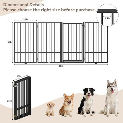 SNUOWU Full Metal Freestanding Dog Gate with Door, 36''Height Foldable Pet Dog Fence for Indoor & Outdoor, 4 Panels Extra Wide Free Standing TallDog Gates for Doorways,House,Stairs,Porch,Deck,Yard