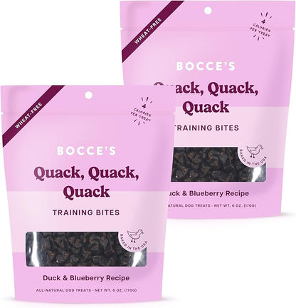Bocce's Bakery Quack Quack Quack Training Treats for Dogs – Natural, Low-Calorie, Wheat-Free Training Bites Made with Real Ingredients & Baked in The USA – Duck & Blueberry Recipe (2 Pack Bundle)