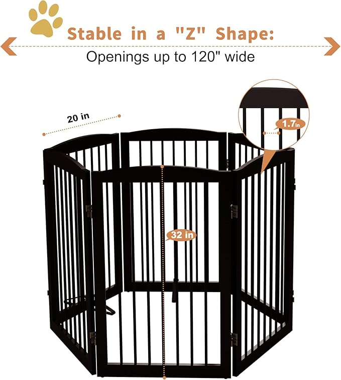 PUPETPO Freestanding Pet Gate for Dogs, Indoor Wooden Foldable Dog Gate for House, Extra Wide, Pet Fence for Stairs, Doorways, Halls, Support Feet Included, 120 Inch Wide, 6 Panels 32",Brown