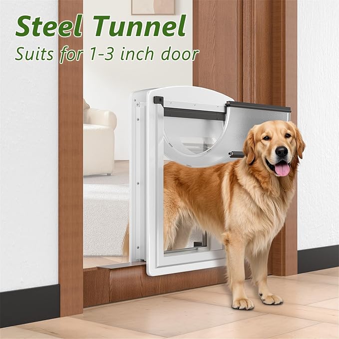 [Classicmacher] Dog Door for Door, All-Stainless Steel Frame Doggie Door with Double Soft Flaps and 2 Sliding ABS Panels, Easy to Install, Perfect for Large Dogs Under 110 LBS (White, Double Flaps)