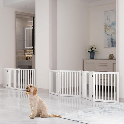 WELLAND Wooden Freestanding Pet Gate, 4 Panel 24 Inch Step Over Fence, Expands Up to 80" Wide, Foldable Indoor Dog Gate Puppy Safety Fence, White