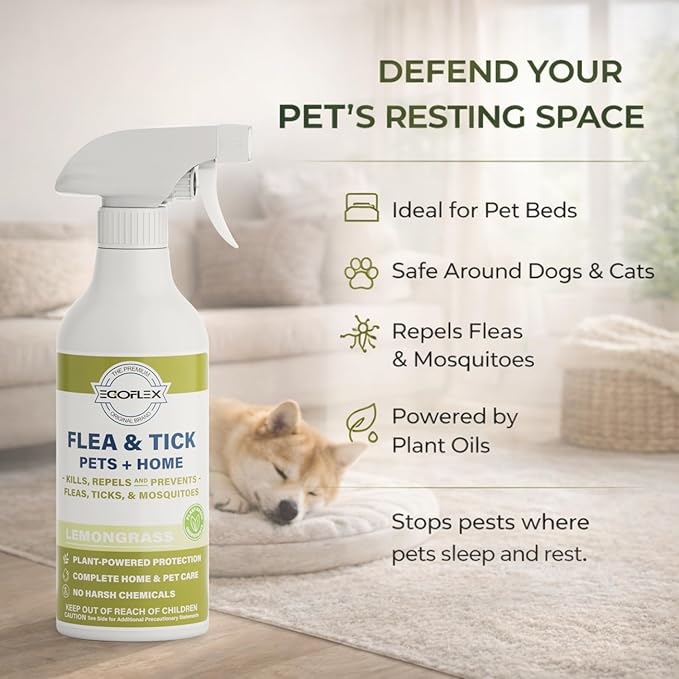 Flea Spray for Home & Pets - Flea and Tick Prevention for Dogs - Plant Based Repellent with Natural Essential Oils for Dog Flea Treatment Protection - Lemongrass Scent - 16 Fl Oz