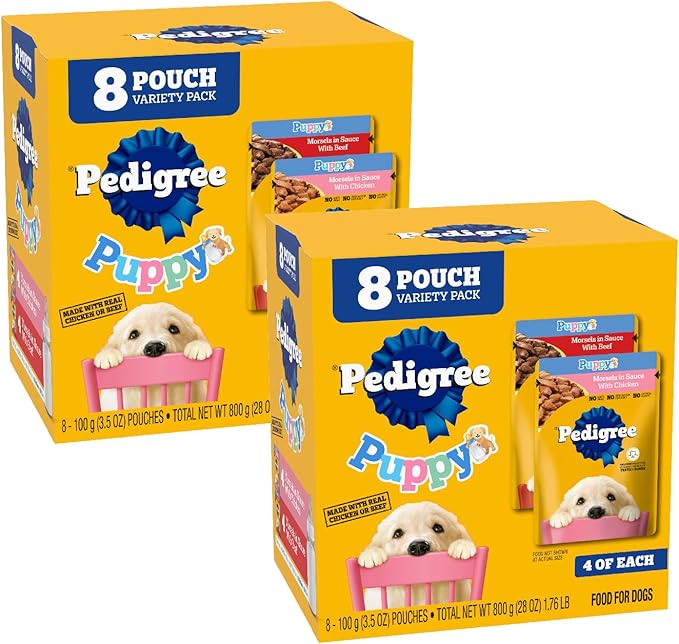 Pedigree Puppy Food Morsels in Sauce, Wet Dog Food Pouches Variety Pack, 3.5 oz. Pouches, 8 Count (Pack of 2)
