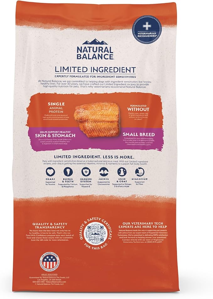 Natural Balance Limited Ingredient Grain Free Salmon & Sweet Potato Dry Dog Food for Small Breed Adults, Sensitive Stomach, 12 lb