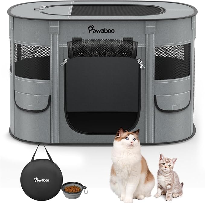Dog Playpen, Portable Pet Cat PlayPen, 600D Oxford Dog Kennel Tent Crate, Waterproof&Breathable, Indoor Outdoor Travel Camping for Medium/Large Breed with Carrying Case+Folding Bowl(M), Charcoal Gray