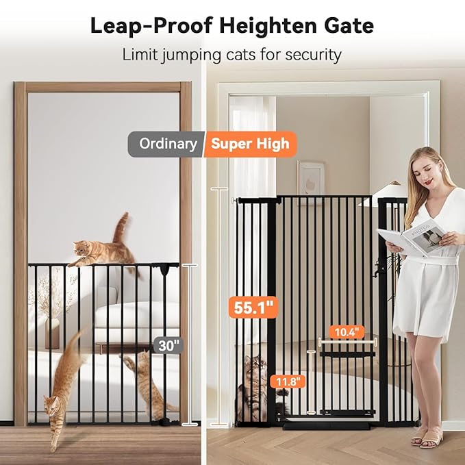 COMOMY 55.1" Extra Tall Pet Gate for Cats, 29.5-43" Extra Wide Cat Gate with Adjustable Cat Door, Pressure Mounted Easy Walk Through Pet Gate with Door for Stairs, Doorways, Kitchen(Black)