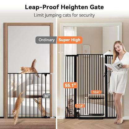 COMOMY 55.1" Extra Tall Pet Gate for Cats, 29.5-43" Extra Wide Cat Gate with Adjustable Cat Door, Pressure Mounted Easy Walk Through Pet Gate with Door for Stairs, Doorways, Kitchen(Black)