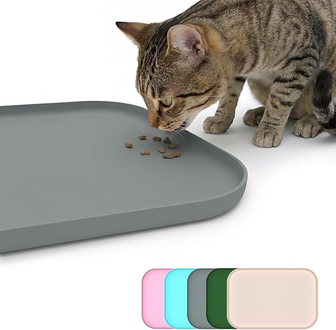 BLESWIN Non-Slip Silicone Dog Food Mat for Food and Water, 18" x 12" Raised Edge Pet Feeding Mat - Waterproof Dog Bowl Mat Easy Clean for Floor Protector,Grey