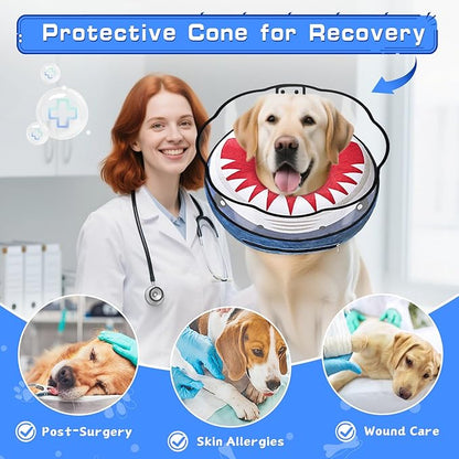 Inflatable Dog Cone Collar Soft Dog Cone Alternative After Surgery to Stop Licking for Large Medium Dogs Recovery Donut Cone Adjustable Neck Collar with Enhanced Anti-Licking Guard Shield,Shark Blue,L