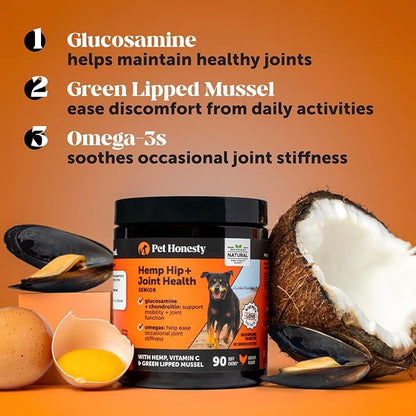 Senior Hemp Hip and Joint Supplement for Dogs - Glucosamine Chondroitin, MSM & Green Lipped Mussel - Relief for Joint Stiffness, Advanced Strength Mobility Support Senior Dogs (Peanut Butter, 90 Ct)