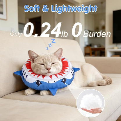 BEAUTYZOO Cat Cone Collars Soft, Cat Recovery E Collars After Surgery to Stop Licking, Adjustable Elizabeth Circle Collar Cute Pet Donut Pillow for Cats Kitten Small Dogs, Cute Shark M