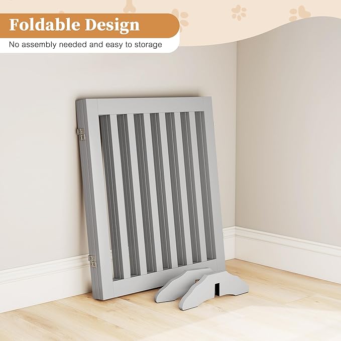 PUPETPO 24”H Freestanding Wooden Pet Gate, Dog Gate for Stairs, Doorways, and Hallways, Step Over Foldable Pet Fence for Indoor Use, Support Feet Included, 60 inch Wide 3 Panels, Grey