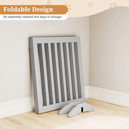 PUPETPO 24”H Freestanding Wooden Pet Gate, Dog Gate for Stairs, Doorways, and Hallways, Step Over Foldable Pet Fence for Indoor Use, Support Feet Included, 60 inch Wide 3 Panels, Grey