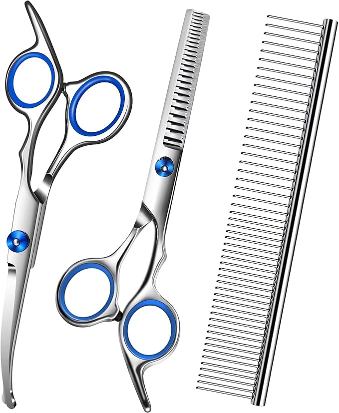 Dog Grooming Scissors with Safety Round Tip,Pet Grooming scissors Kit,Dog Shears for Grooming,Incude Thinning,Curved Grooming Scissors and Comb for dogs, cats.Suitable for The Right Hand