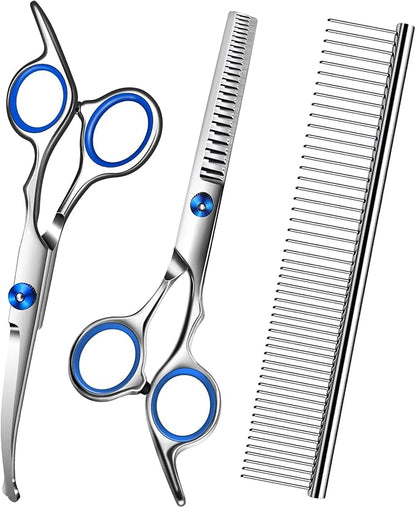 Dog Grooming Scissors with Safety Round Tip,Pet Grooming scissors Kit,Dog Shears for Grooming,Incude Thinning,Curved Grooming Scissors and Comb for dogs, cats.Suitable for The Right Hand