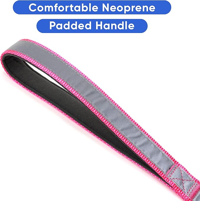 Pawtitas 6 FT Padded Dog Leash with Comfortable Neoprene Padding Handle - Pink Lead | Medium Reflective Dog Leash with Highly Reflective Band Perfect for Medium and Large Dogs and Puppies.