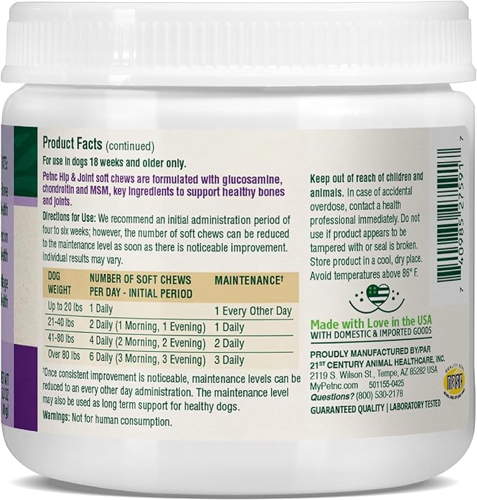 Petnc Hip & Joint Health Supplement for Dogs (90 Chews), Glucosamine Chondroitin MSM Dog Chews with Hyaluronic Acid, Liver Flavored Bone & Joint Support Supplement, For All Breeds