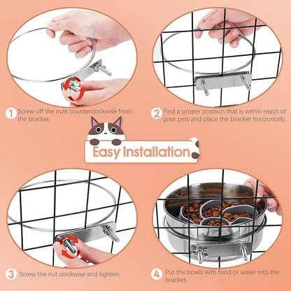 2 Pcs Large Pet Dog Food Water Bowl with Slow Feeder Insert for Cage, Crate Stainless Steel Non-Spill Kennel Hanging Cat Bowls with Clamp Holder for Medium Large Dogs (7.1x3.5'' & 6.3x2.6'')
