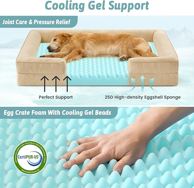 Cooling Dog Bed for Extra Large Dogs, Q-Max >0.4 Summer Cool Orthopedic Foam Pet Sofa Bed with Sides, Bolster Anti-Slip Couch with Washable Removable Cover, XXL 48x35x7.5 inch, Beige