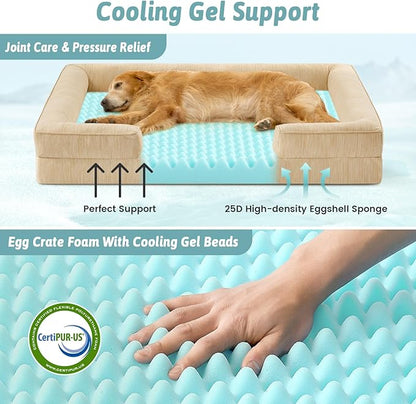 Cooling Dog Bed for Extra Large Dogs, Q-Max >0.4 Summer Cool Orthopedic Foam Pet Sofa Bed with Sides, Bolster Anti-Slip Couch with Washable Removable Cover, XXL 48x35x7.5 inch, Beige