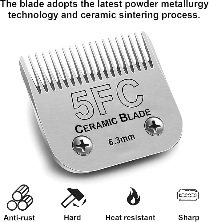 5FC Blade Dog Grooming Clipper Replacement Blades compatible with Andis Dog Clippers,Detachable Ceramic Blade & Stainless Steel Blade,Size-5 FC 1/4-Inch Cut Length (64122)