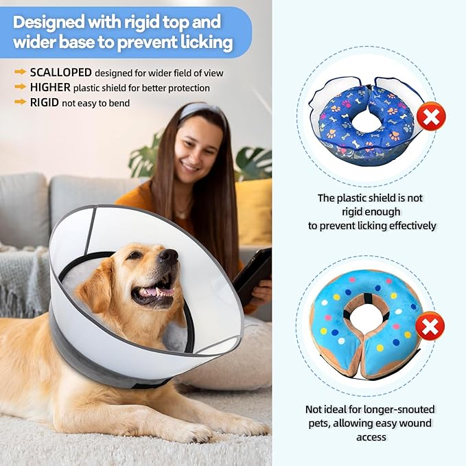 2-in-1 Upgraded Inflatable Dog Cone Collar with Detachable Anti-Licking Shield, Soft Adjustable Elizabethan Collar for Dogs After Surgery (S, Grey)