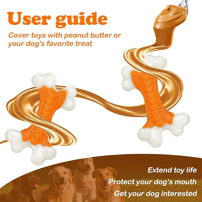 Kseroo 2-Pack Indestructible Dog Toys for Aggressive Chewers: Peanut Butter Flavored Hard Nylon Bone Chew Toys, Tough Dog Chew Toys, Dog Toys to Keep Them Busy for Medium Large Dogs, Orange
