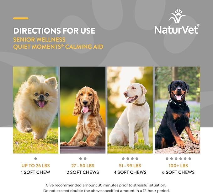 NaturVet Quiet Moments Calming Aid Dog Supplement, Helps Promote Relaxation, Reduce Stress, Storm Anxiety, Motion Sickness for Dogs (Quiet Moments Senior Wellness, 65 Soft Chews)