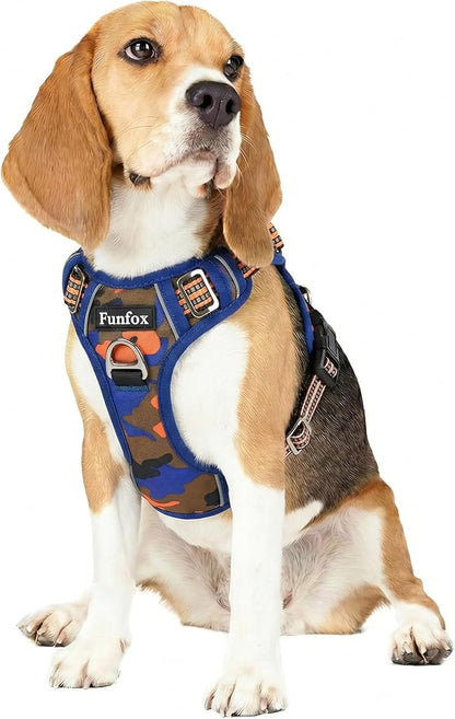 Funfox Dog Harness No Pull, Adjustable Pet Vest Harness, Super Soft Material with Vertical Handle Easy Control, Reflective Night Walking, 2 Leash Clips for Medium Sized Dogs, Camo Orange, M