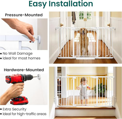 Cumbor 30.4-56.8" Extra Wide Baby Gate for Stairs, Dual Lock & Self-Closing Dog Gate Indoor, Easy Install Pet Gate for Doorways & Wide Openings, Easy Walk Thru Safety Proofing for Babies & Pets, White