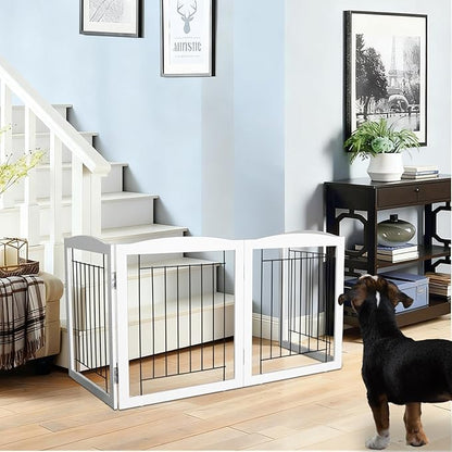 ZJSF Freestanding Foldable Dog Gate for House Extra Wide Wooden White Indoor Puppy Gate Stairs Pet Gates Doorways Pet Gate Tall Dog Fence 2 Panels