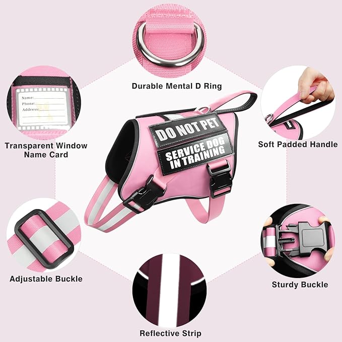 Service Dog Harness and Leash Set, Training Dog Vest with 10 Dog Patches, Emotional Support Therapy Dog Vest Harness for Small Medium Large and Extra Large Dogs(Pink, S)