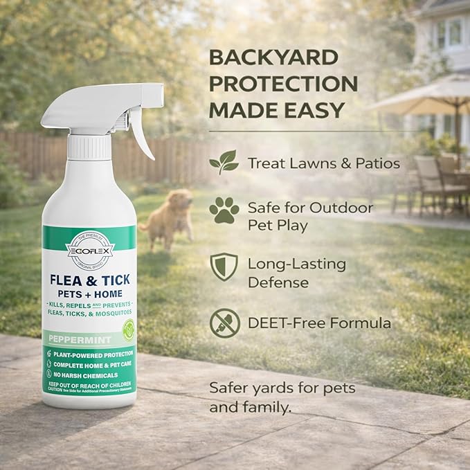 Flea Spray for Home & Pets - Flea and Tick Prevention for Dogs - Plant Based Repellent with Natural Essential Oils for Dog Flea Treatment Protection - Peppermint Scent - 16 Fl Oz