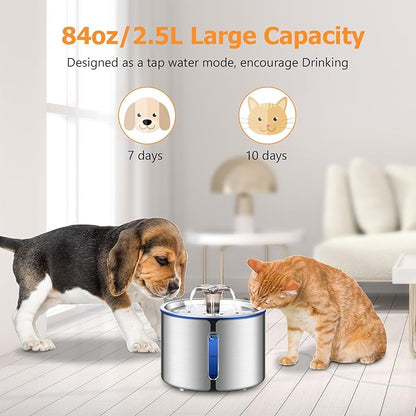 BOORCA Cat Fountain, 84oz/2.5L Stainless Steel Pet Water Fountain, Automatic Dog Water Dispenser, Water Level Window, Ultra-Quiet Pump, Perfect for Cats, Dogs and Multiple Pets, 4 Filters