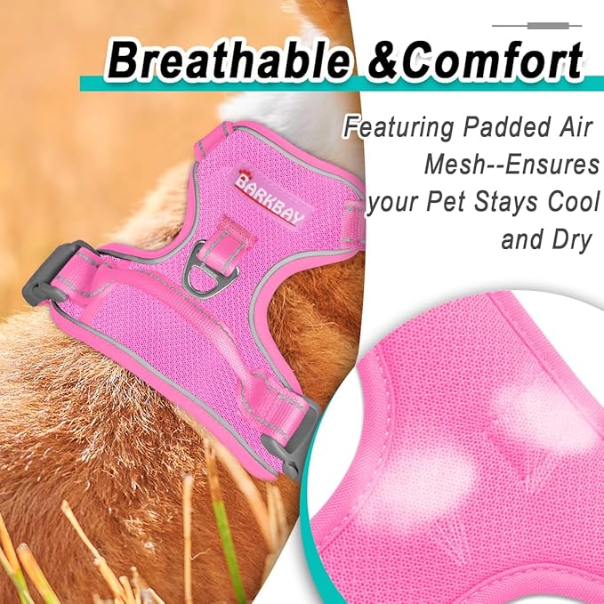 BARKBAY Dog Harness No Pull Mesh for Medium Dogs - Adjustable, Reflective, Comfortable, No Choke, Heavy-Duty - Perfect for Outdoor Training, Walking, and Hiking - Strong & Durable - M & Pink Mesh