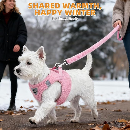 KOOLTAIL Plush Small Dog Harness and Leash Set, Warm Fleece No Pull Puppy Vest for Winter, Lightweight Reflective Step in Pet Harness for Medium Sized Dogs Boy Girl Outdoor Walking Cute Soft, Pink S
