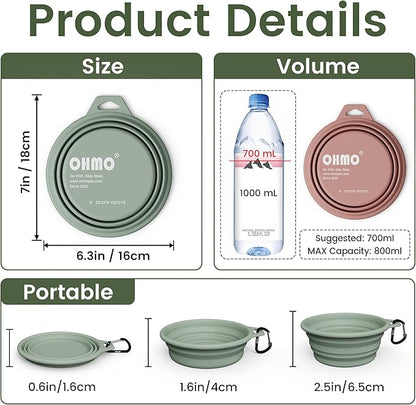OHMO Collapsible Dog Water Bowls w/Built-in Stainless Steel Ring – 2pcs Large 27oz/800ml Portable Silicone Pet Feeding Bowl for Hiking, Camping, Travel