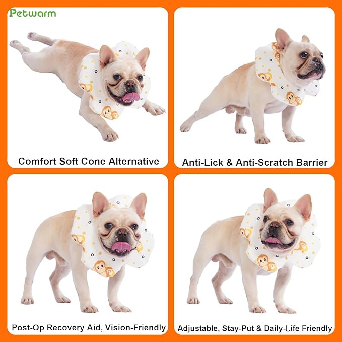 PetWarm Dog Recovery Collar, Recovery Collar for Dogs, Lightweight Soft Flower Design, Comfortable Neck Protector Helps Discourage Licking, Post-Visit Protective Collars, Monkey Print, Yellow, L